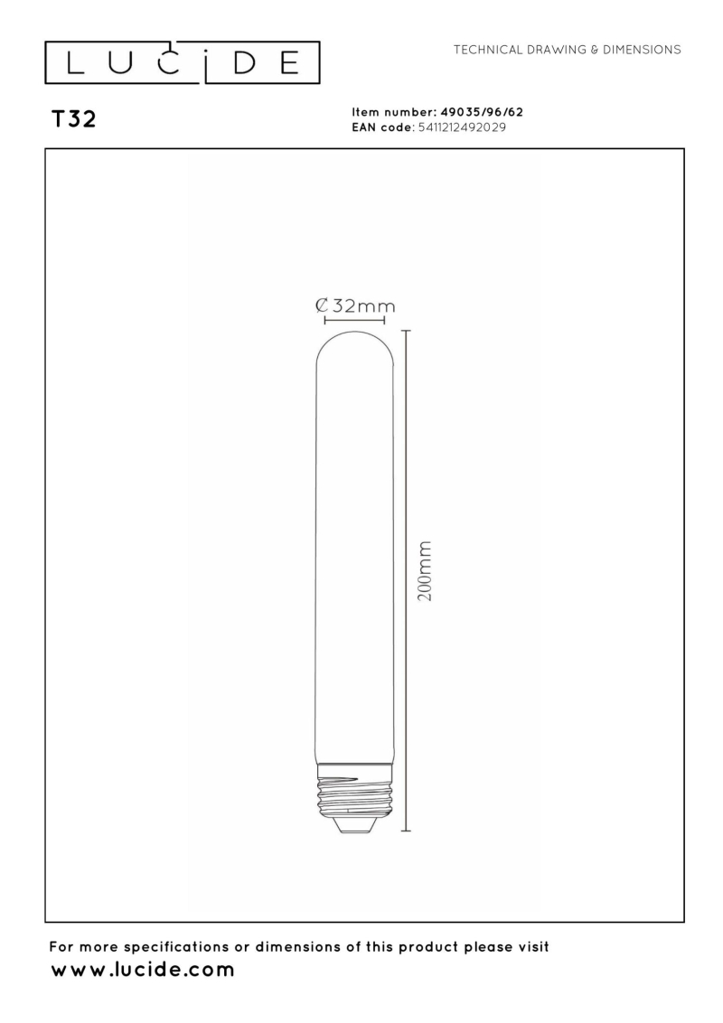 Lucide T32 - Filament bulb - Ø 3,2 cm - E27 - 1x4,9W 2200K - Amber
